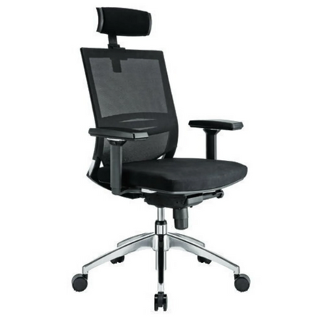 Silla de oficina profesional PORTO MAX en negro con respaldo de malla, reposacabezas y base plateada de hjh OFFICE