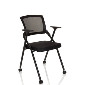 Silla plegable PRIORITY II negra con respaldo de malla, reposabrazos y ruedas de hjh OFFICE