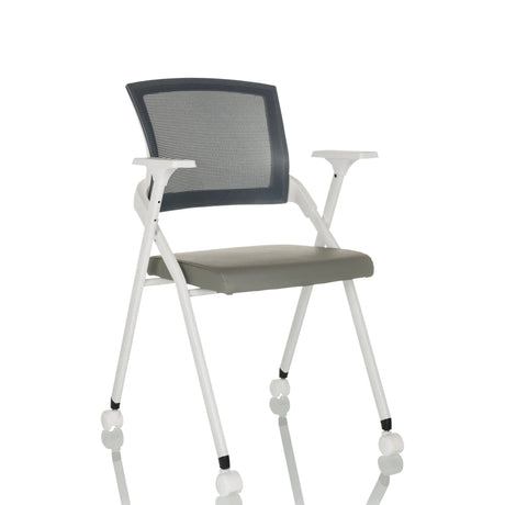 Silla plegable PRIORITY II W PU gris con respaldo de malla, reposabrazos y ruedas de hjh OFFICE