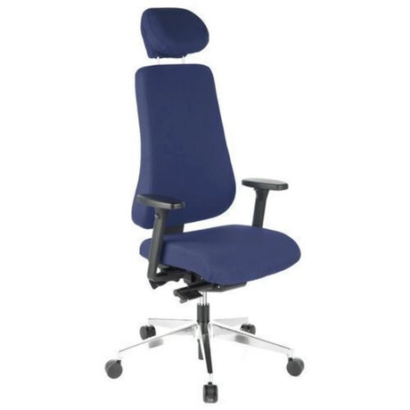 Silla de oficina profesional PRO-TEC 400 con tapizado de tela azul oscuro, reposacabezas y base plateada de hjh OFFICE