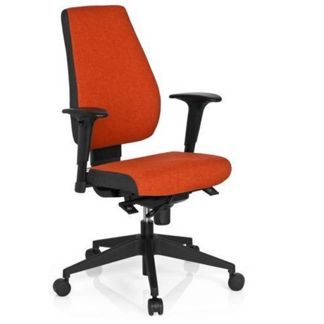 Silla de oficina profesional PRO-TEC 500 con tapicería de tela roja, reposabrazos negros y base con ruedas de hjh OFFICE