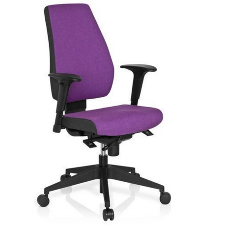 Silla de oficina profesional PRO-TEC 500 con tapicería de tela púrpura, reposabrazos negros y base con ruedas de hjh OFFICE