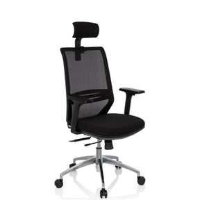 Silla de oficina profesional PROFONDO PRO en negro con respaldo de malla, reposacabezas y base plateada de hjh OFFICE