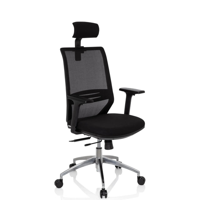 Silla de oficina profesional PROFONDO PRO en negro con respaldo de malla, reposacabezas y base plateada de hjh OFFICE