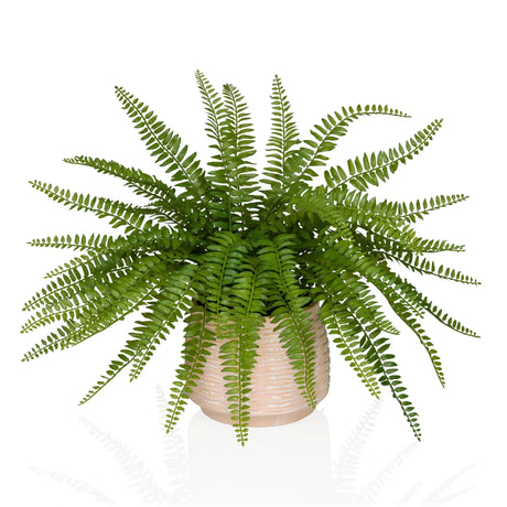 Planta artificial verde Proliferum con hojas similares a los helechos en una maceta beige claro de hjh OFFICE