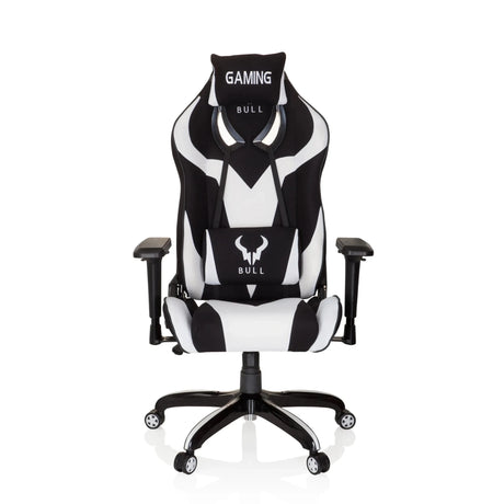 Silla gaming PROMOTER II en combinación de colores blanco y negro con reposacabezas y cojín lumbar de hjh OFFICE