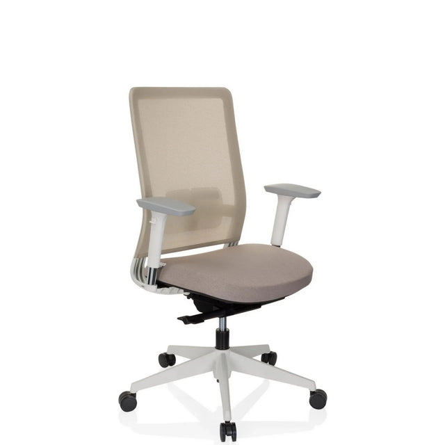Silla de oficina profesional PURE WHITE en beige con respaldo de malla y base blanca de hjh OFFICE