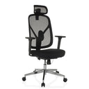 Silla de oficina profesional RALOO PRO con malla negra y reposacabezas sobre base plateada de hjh OFFICE