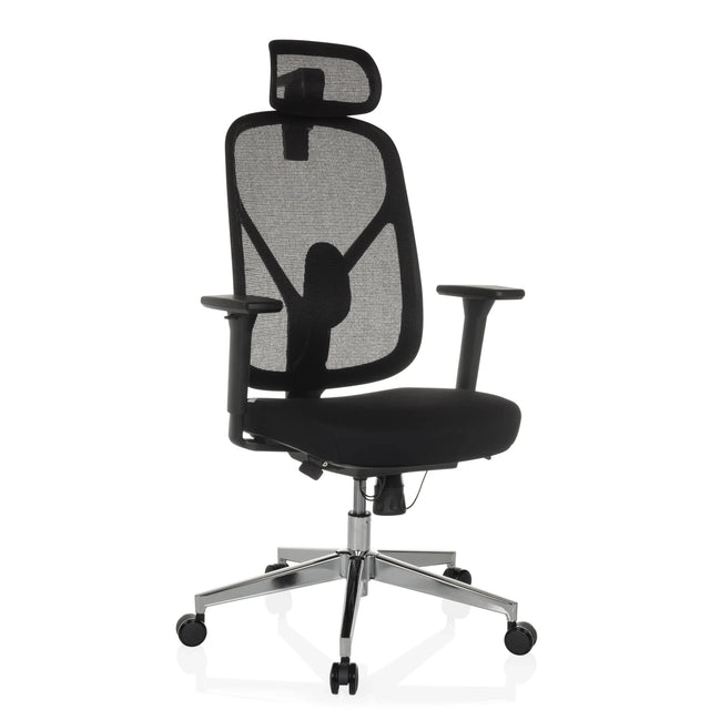 Silla de oficina profesional RALOO PRO con malla negra y reposacabezas sobre base plateada de hjh OFFICE