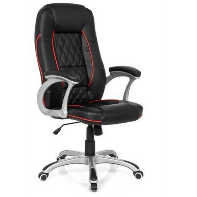 Silla gaming RELAX AB100 en color negro con franjas decorativas rojas y patrón acolchado de MyBuero