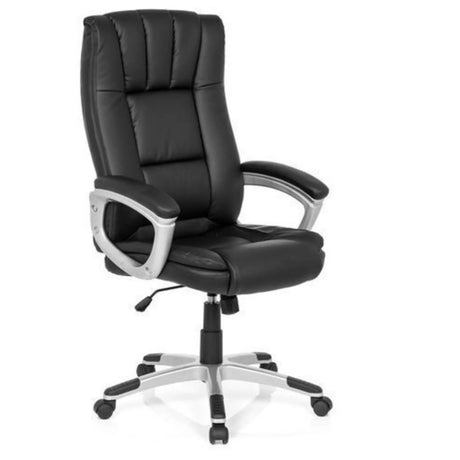 Silla Home Office RELAX CL150 con tapizado de cuero sintético negro y reposabrazos plateados de MyBuero