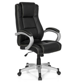 Silla gaming RELAX CL180 negra con tapizado de cuero sintético y reposabrazos plateados de MyBuero