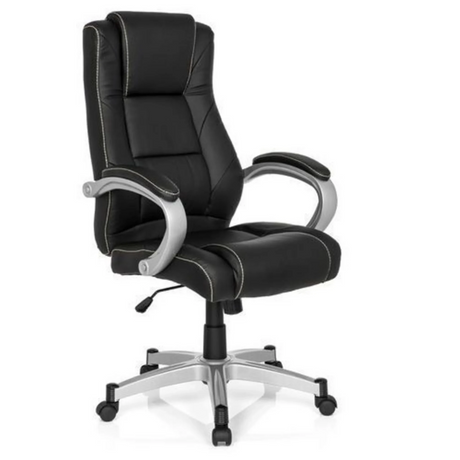 Silla gaming RELAX CL180 negra con tapizado de cuero sintético y reposabrazos plateados de MyBuero