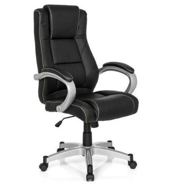 Silla gaming RELAX CL180 negra con tapizado de cuero sintético y reposabrazos plateados de MyBuero
