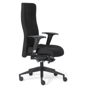 Sillón de alta gama ROVO XP con tapizado de tela negra, reposabrazos y base con ruedas de Rovo Chair