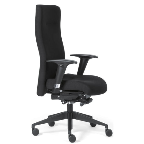 Sillón de alta gama ROVO XP con tapizado de tela negra, reposabrazos y base con ruedas de Rovo Chair