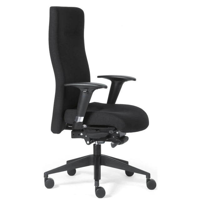 Sillón de alta gama ROVO XP con tapizado de tela negra, reposabrazos y base con ruedas de Rovo Chair