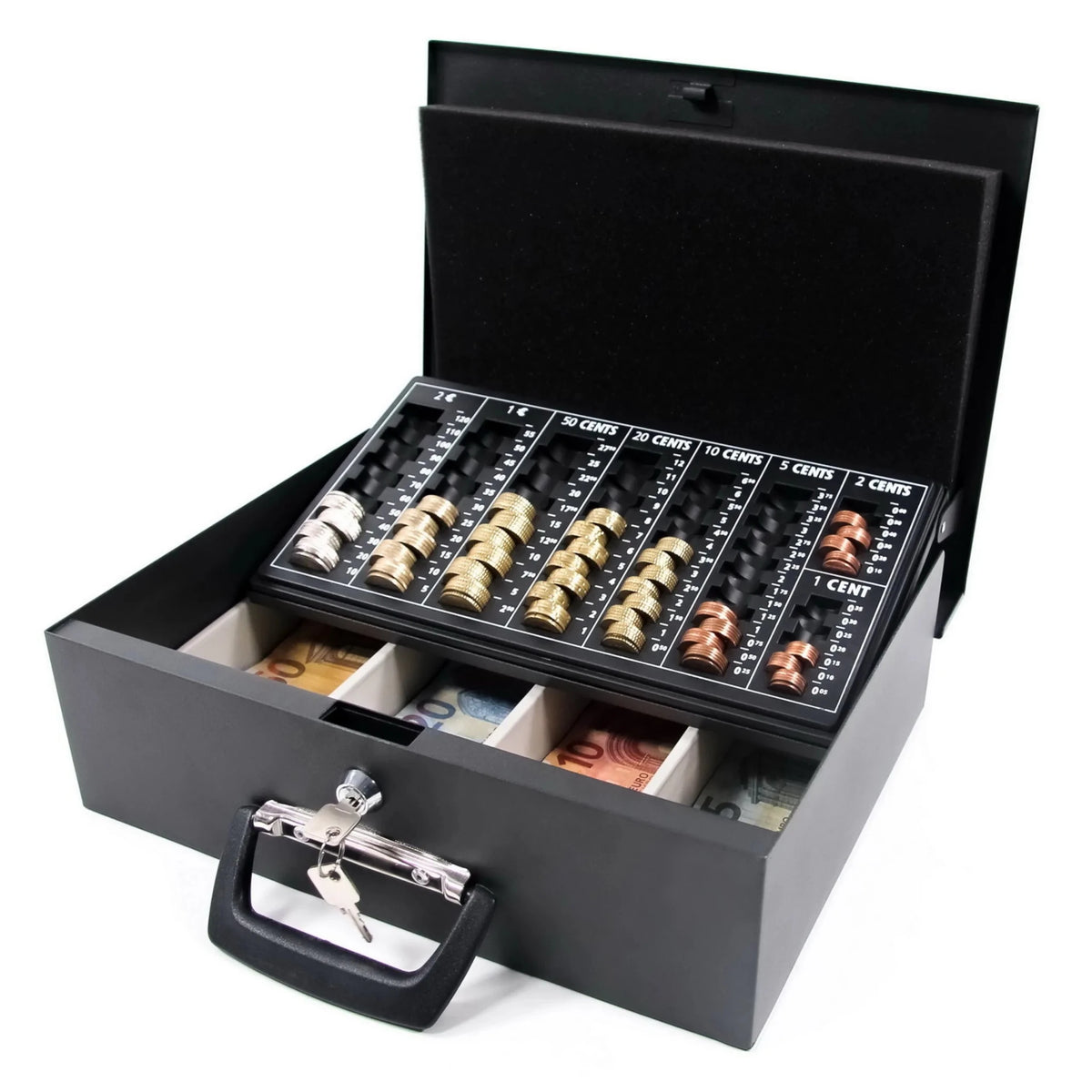 Caja de efectivo SAFE I negra con inserto para monedas, compartimentos para billetes y cerradura de hjh OFFICE
