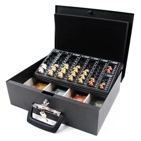 Caja de efectivo SAFE I negra con inserto para monedas, compartimentos para billetes y cerradura de hjh OFFICE