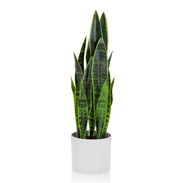 Planta artificial SANSEVIERIA en verde con hojas largas en una maceta exterior blanca de hjh OFFICE