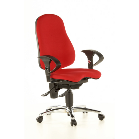 Silla de oficina profesional SITNESS 10 con tapizado de tela roja, reposabrazos negros y base de cromo de Topstar