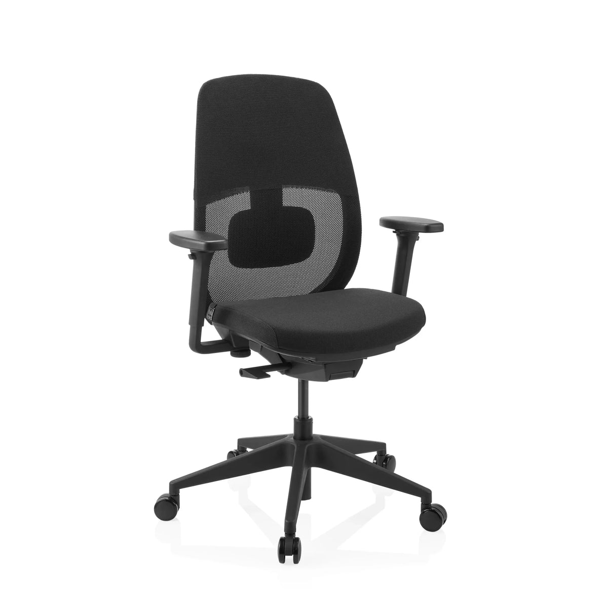 Silla de oficina profesional Skandis negra con respaldo de malla, reposabrazos y ruedas de hjh OFFICE