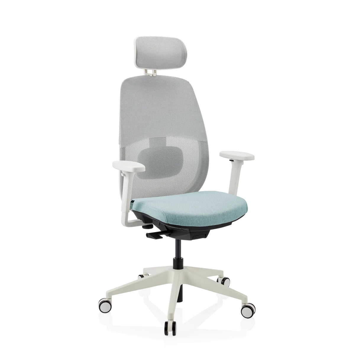 Silla de oficina profesional Skandis Pro con asiento verde menta, respaldo de malla gris y reposacabezas de hjh OFFICE