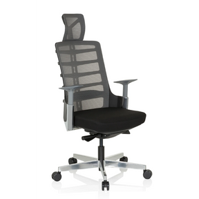 Silla alta gama SKARIF en negro y gris con respaldo de malla y reposacabezas de hjh OFFICE