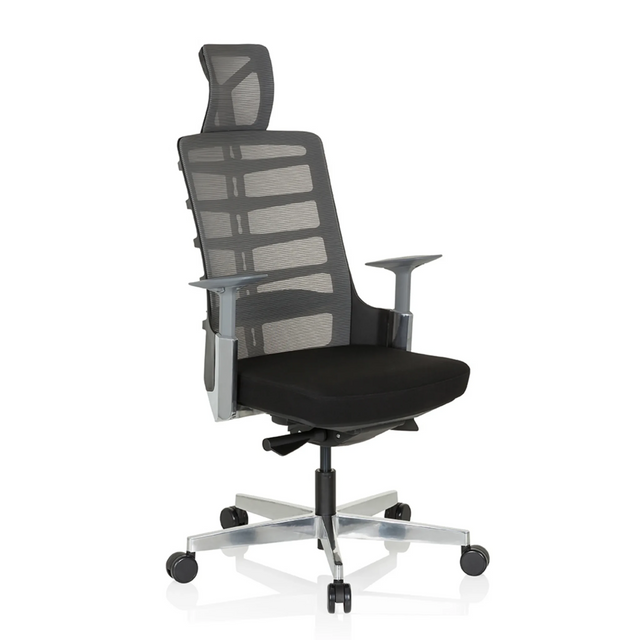 Silla alta gama SKARIF en negro y gris con respaldo de malla y reposacabezas de hjh OFFICE