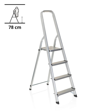 Escalera plegable SOLID II de aluminio plateada con cuatro peldaños y pasamanos de hjh OFFICE