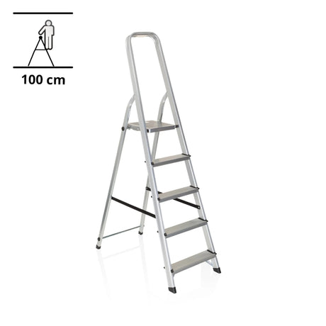 Escalera plegable de aluminio SOLID III con cinco peldaños y barra de seguridad de hjh OFFICE