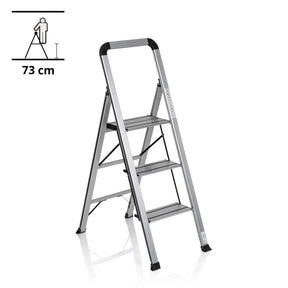 Escalera plegable SOLID V de aluminio plateado con tres peldaños y asa de seguridad de hjh OFFICE
