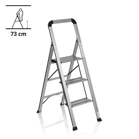Escalera plegable SOLID V de aluminio plateado con tres peldaños y asa de seguridad de hjh OFFICE