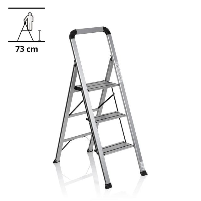 Escalera plegable SOLID V de aluminio plateado con tres peldaños y asa de seguridad de hjh OFFICE