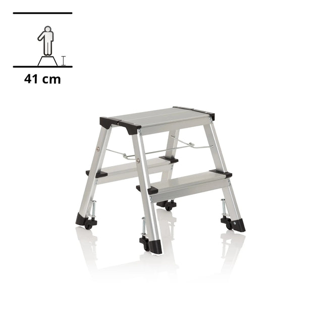 Escalera plegable de dos peldaños SOLID VI de aluminio plateado con patas de goma negras de hjh OFFICE