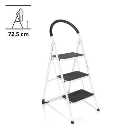 Escalera plegable SOLID W2 blanca con tres peldaños negros y un asa de seguridad de hjh OFFICE