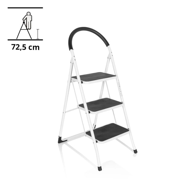 Escalera plegable SOLID W2 blanca con tres peldaños negros y un asa de seguridad de hjh OFFICE