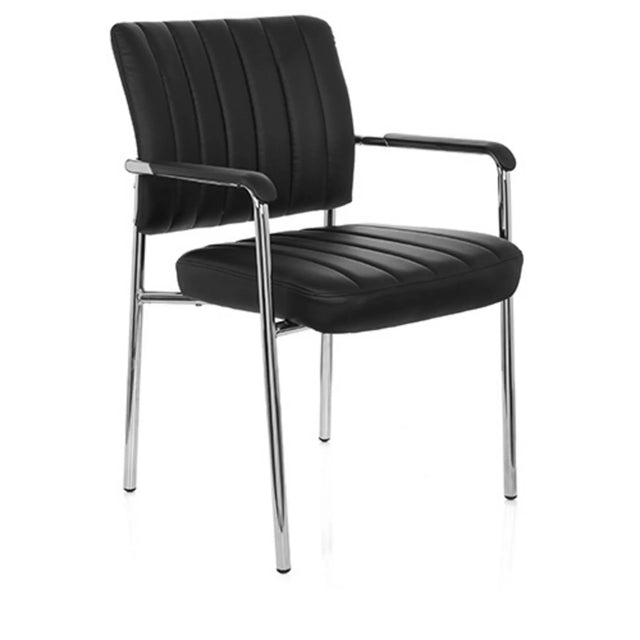 Silla de cuatro patas SOMOS V negra con tapicería de cuero sintético, costuras transversales y estructura cromada de hjh OFFICE