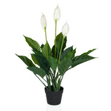 Planta artificial SPATHIPHYLLUM en verde y blanco con tres flores en una maceta negra de hjh OFFICE
