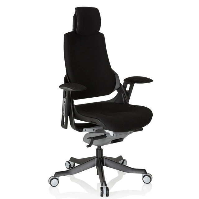 Silla de oficina profesional SPEKTRE BLACK negra con tapizado de tela, reposacabezas y reposabrazos de hjh OFFICE