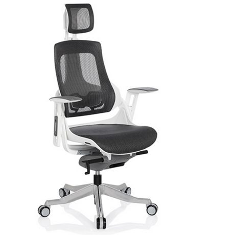 Silla de oficina profesional SPEKTRE con malla gris, reposacabezas y estructura blanca de hjh OFFICE