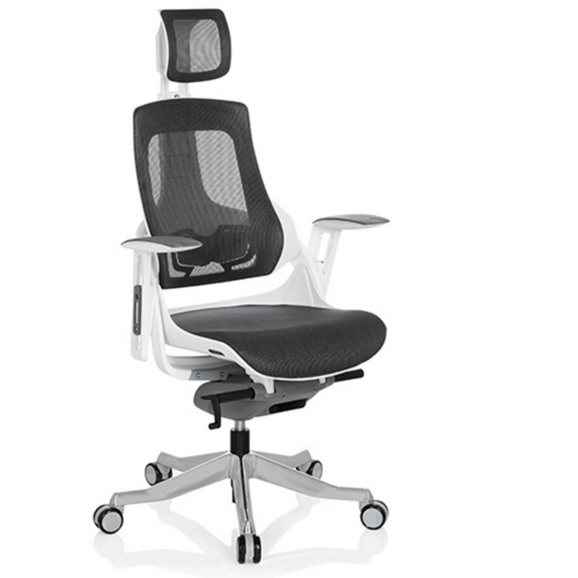 Silla de oficina profesional SPEKTRE con malla gris, reposacabezas y estructura blanca de hjh OFFICE