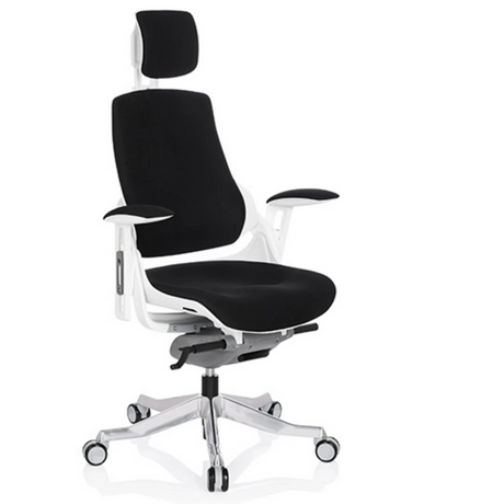 Silla de oficina profesional SPEKTRE con tapizado de tela negra, estructura blanca y reposacabezas de hjh OFFICE