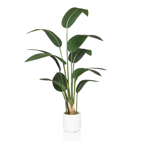 Planta artificial verde STRELITZIA con hojas grandes en una maceta blanca de hjh OFFICE