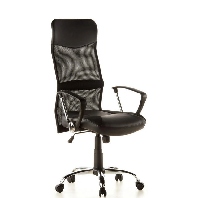 Sillón de oficina Home Office STRYKA negro con asiento de cuero sintético y respaldo de malla de hjh OFFICE