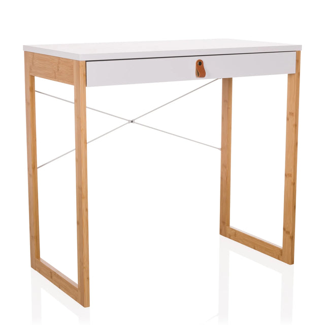 Escritorio TAROLO II con tablero blanco, un cajón y estructura de bambú de hjh LIVING