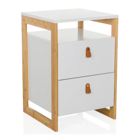Mesa auxiliar TAROLO III en blanco con estructura de bambú y dos cajones con tiradores de cuero de hjh LIVING
