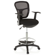 Silla de mostrador TOP WORK 108 negra con respaldo de malla, aro reposapiés y base con ruedas de hjh OFFICE