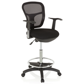 Silla de mostrador TOP WORK 108 negra con respaldo de malla, aro reposapiés y base con ruedas de hjh OFFICE