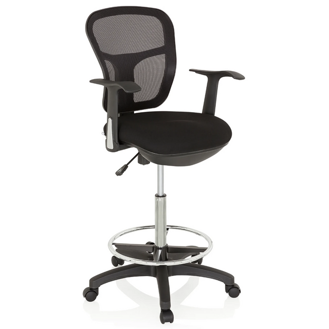 Silla de mostrador TOP WORK 108 negra con respaldo de malla, aro reposapiés y base con ruedas de hjh OFFICE